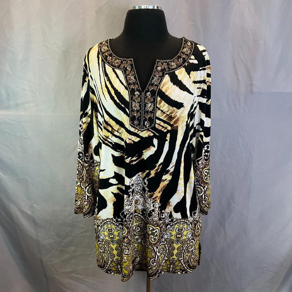 Jm Collection Tunic Blouse Womens L Multicolor Stretch Aztec Print Lace Detail